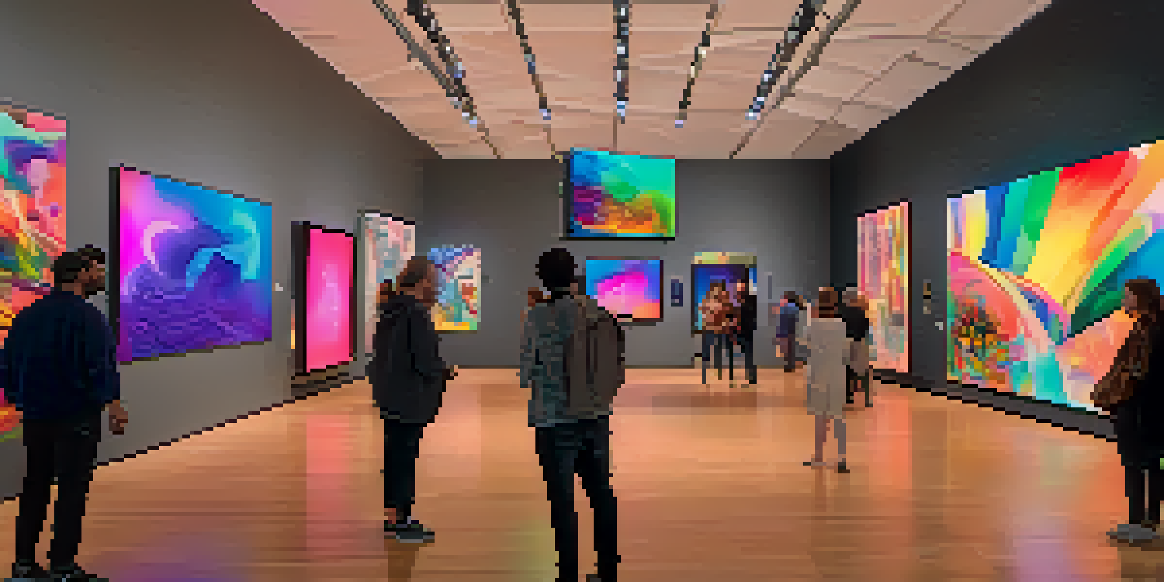 A lively art gallery filled with digital screens displaying colorful NFTs, with people interacting and discussing art.