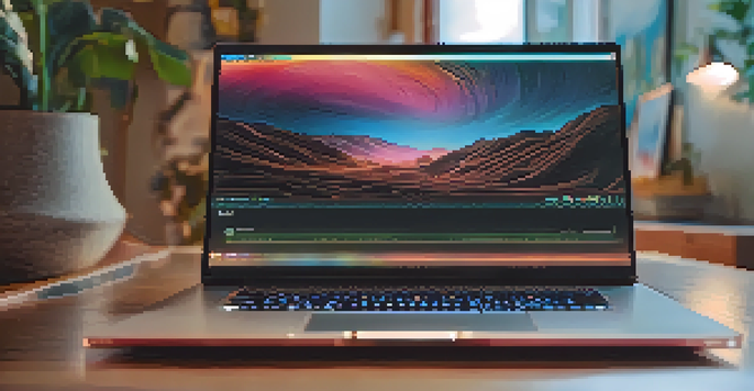 A close-up of a digital NFT art piece on a laptop in a cozy room, highlighting vibrant colors and intricate details.