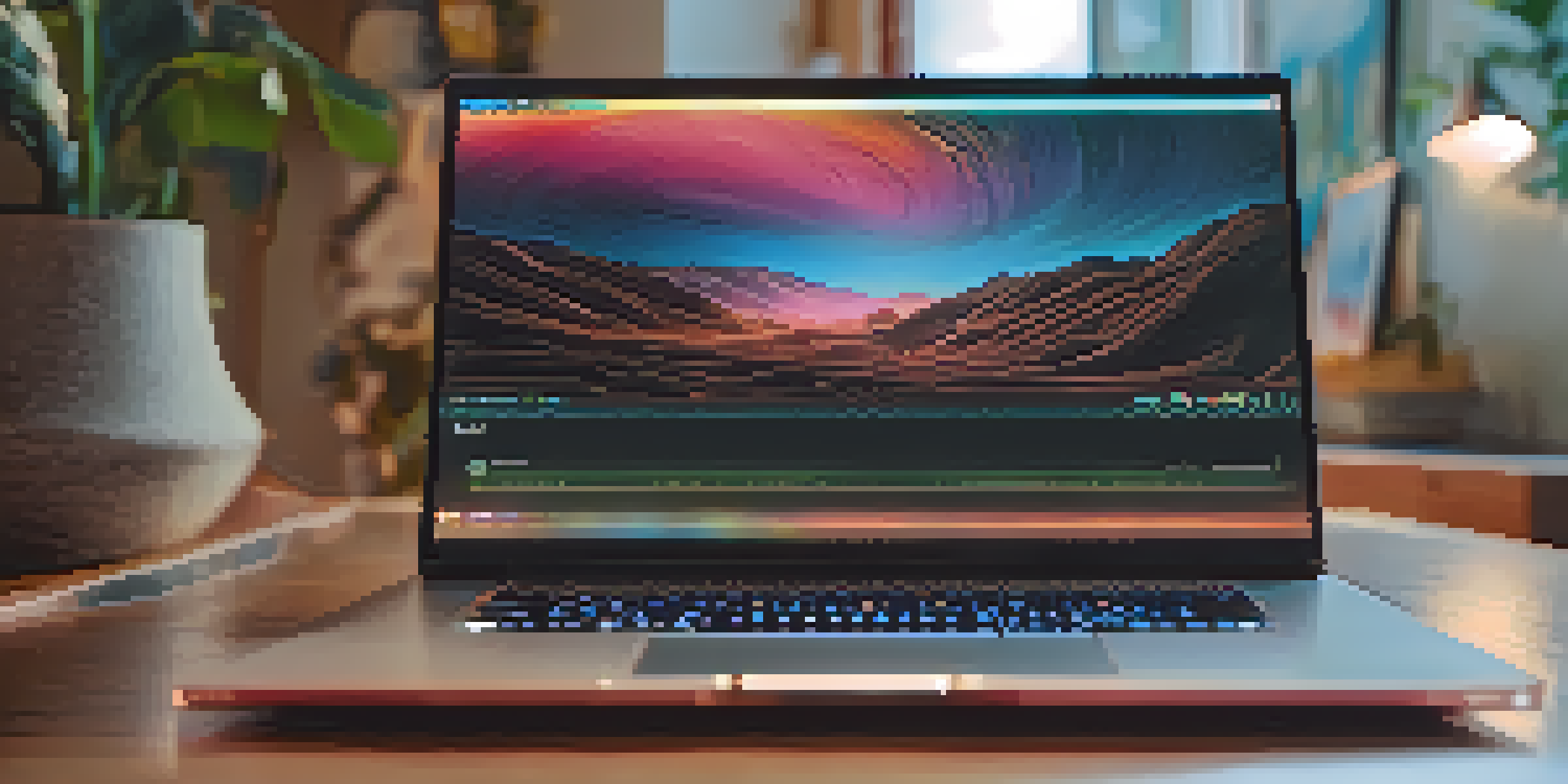 A close-up of a digital NFT art piece on a laptop in a cozy room, highlighting vibrant colors and intricate details.