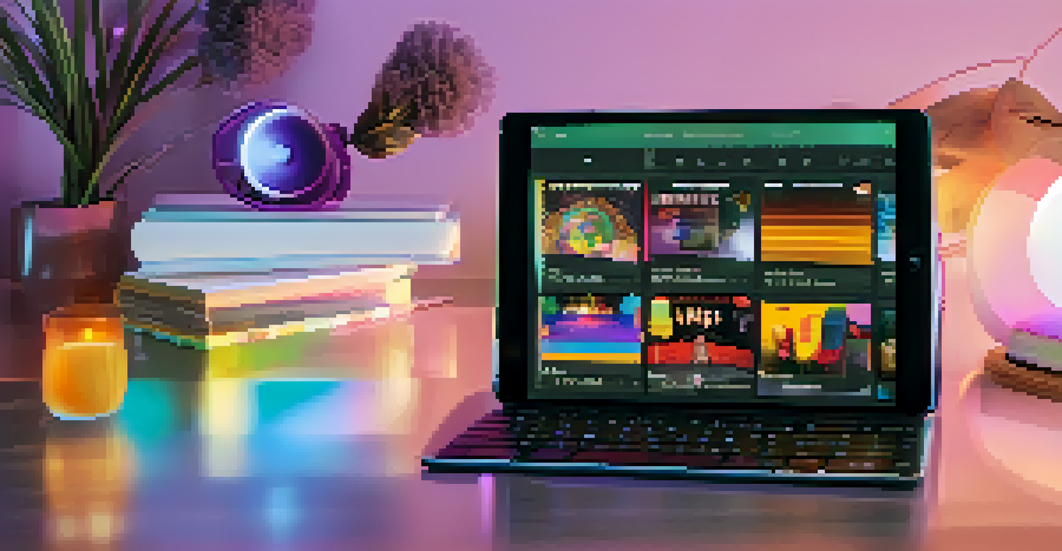 A close-up of a digital tablet showing a music NFT platform with an album cover and details, set in a cozy home environment.