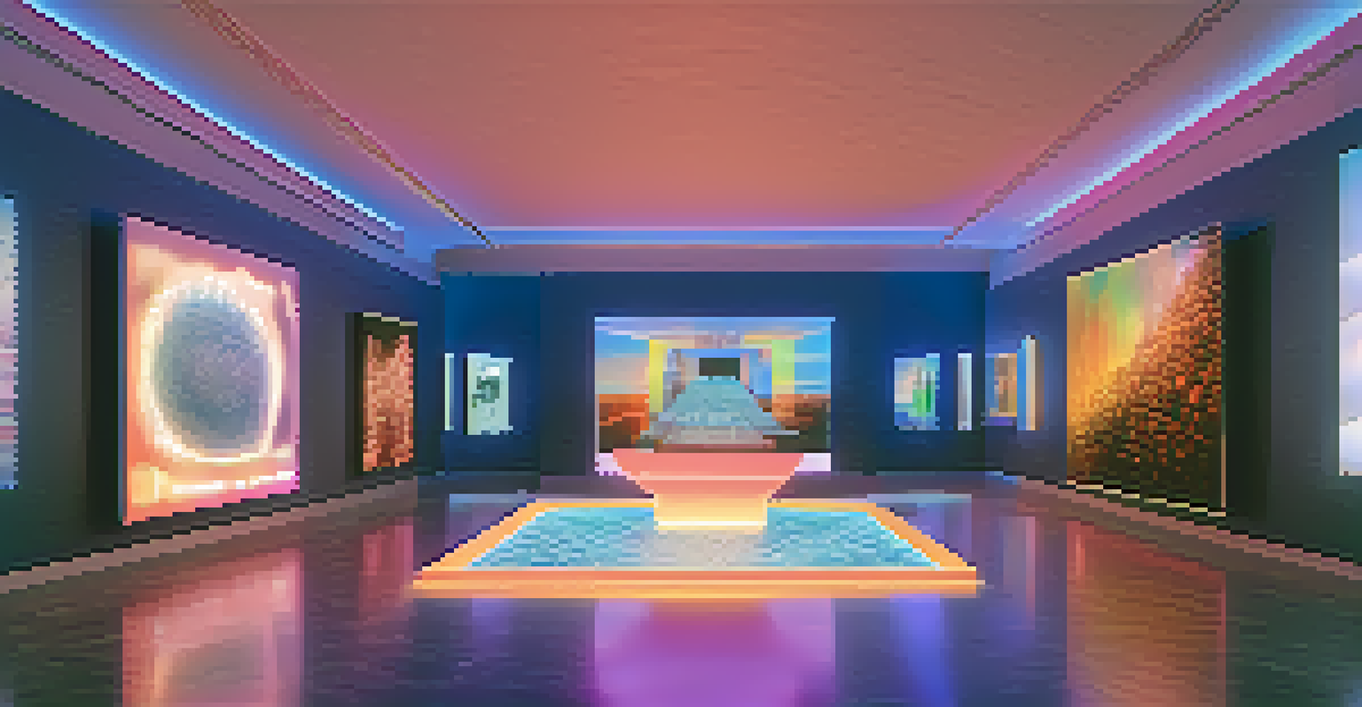A modern digital gallery filled with vibrant NFT artwork and holographic displays under soft lighting.