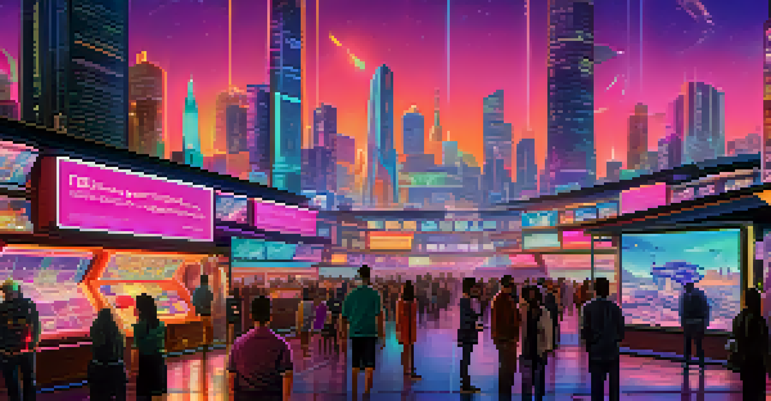 A futuristic digital marketplace for NFTs with holographic displays and a neon color scheme, featuring people interacting with the digital assets against a starry skyline.