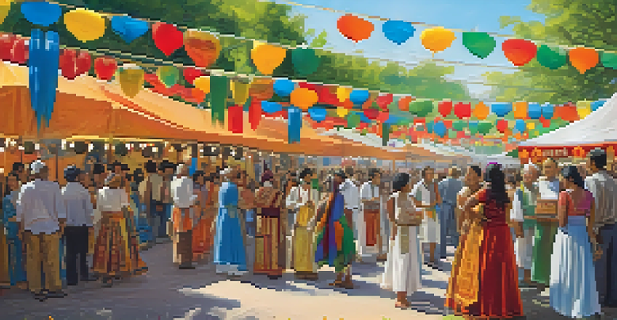 A lively multicultural festival with people in traditional clothing, colorful decorations, and food stalls, illuminated by warm sunlight.
