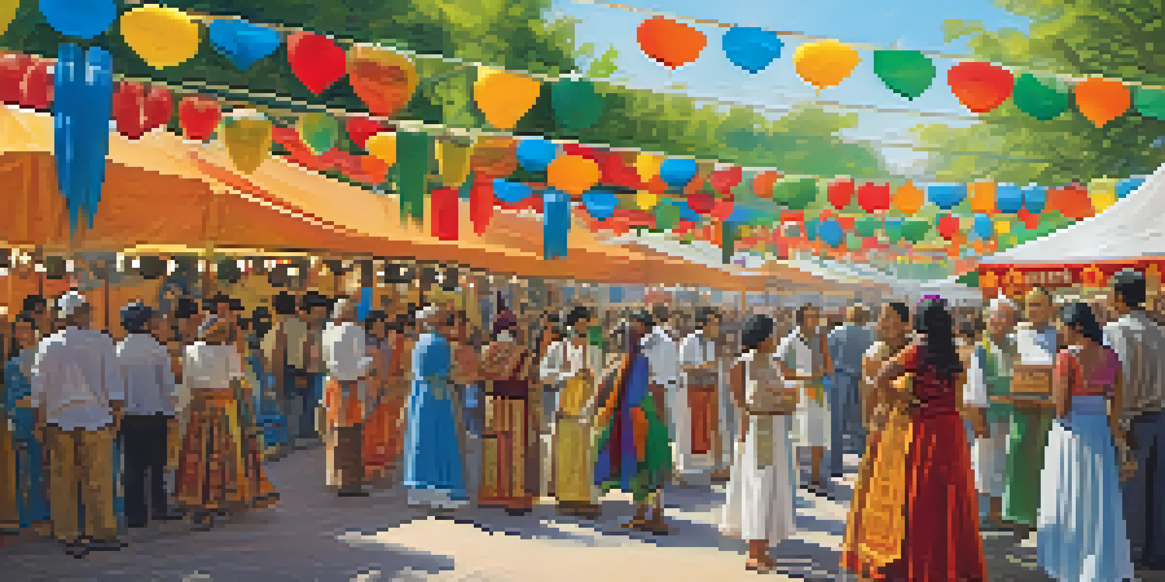 A lively multicultural festival with people in traditional clothing, colorful decorations, and food stalls, illuminated by warm sunlight.