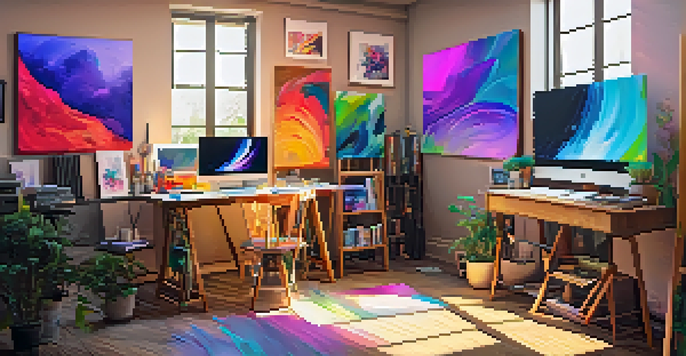 A bright and colorful digital art studio with canvases, paintbrushes, and a computer showing NFT artwork, illuminated by natural light.
