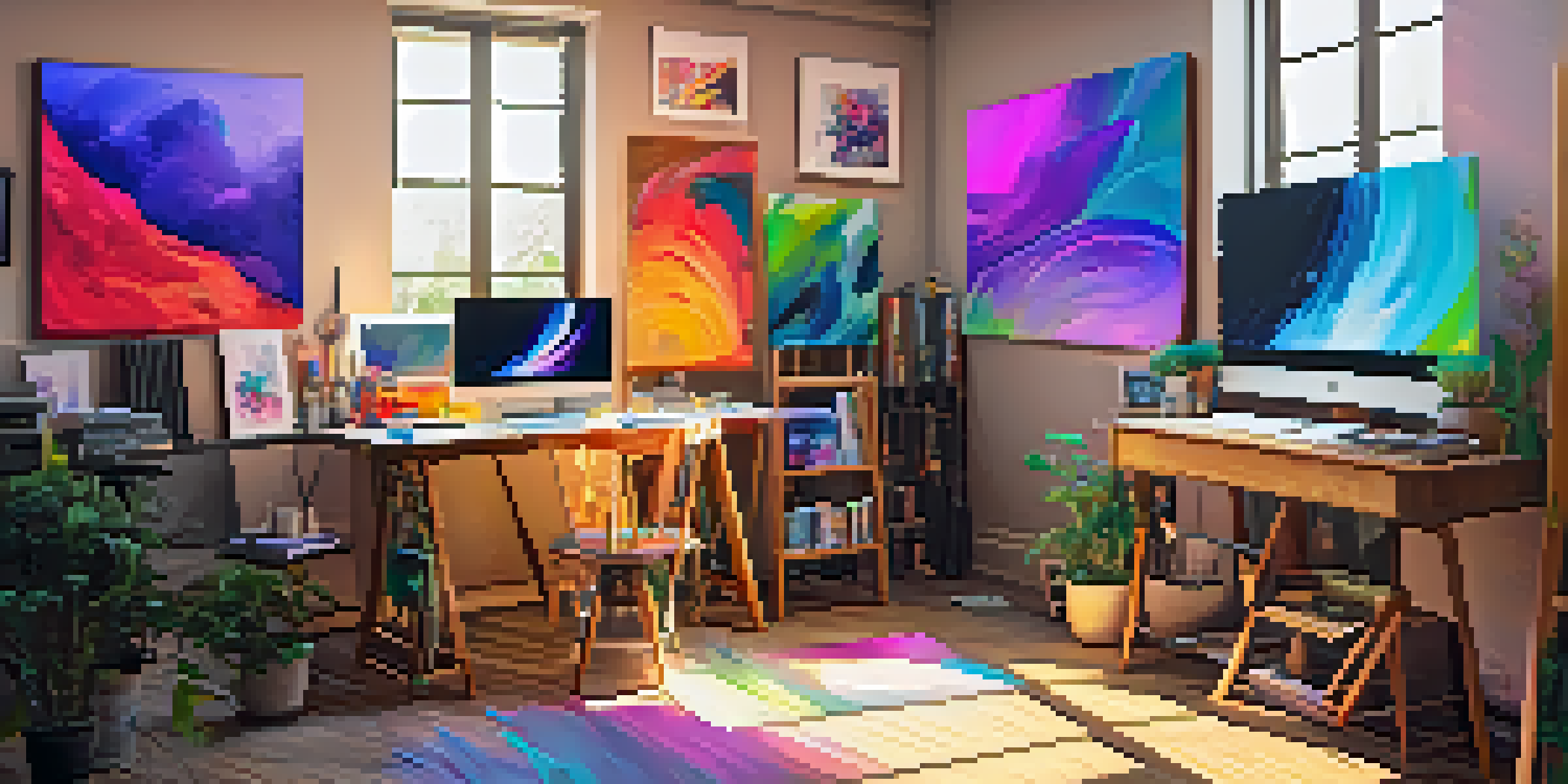 A bright and colorful digital art studio with canvases, paintbrushes, and a computer showing NFT artwork, illuminated by natural light.