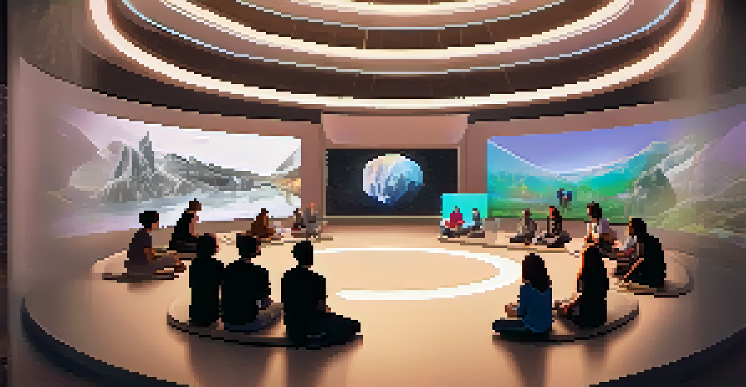 A virtual community gathering in an immersive space, where participants discuss art and interact with digital screens displaying NFT artworks.