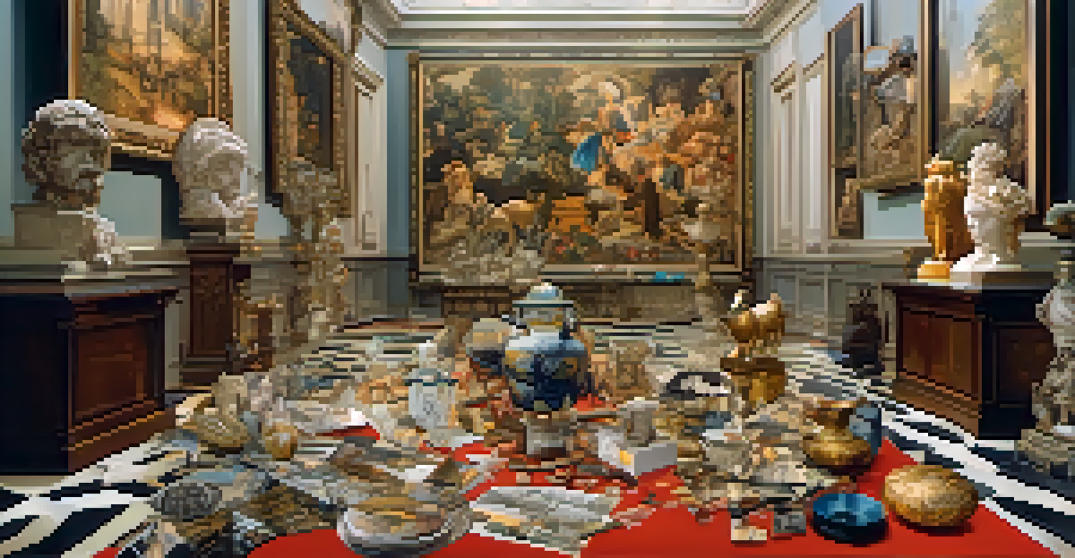 A digital collage of lost artworks with fragmented pieces of famous paintings and sculptures, enriched with a vibrant color palette and soft lighting.