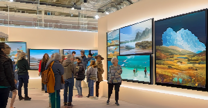 A community art exhibit with diverse NFT artworks displayed on digital screens, featuring attendees discussing the pieces.