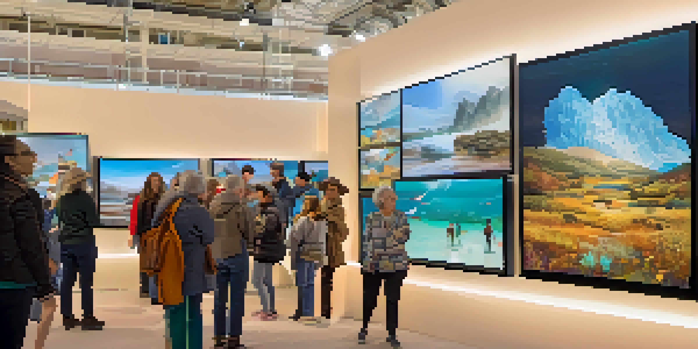 A community art exhibit with diverse NFT artworks displayed on digital screens, featuring attendees discussing the pieces.