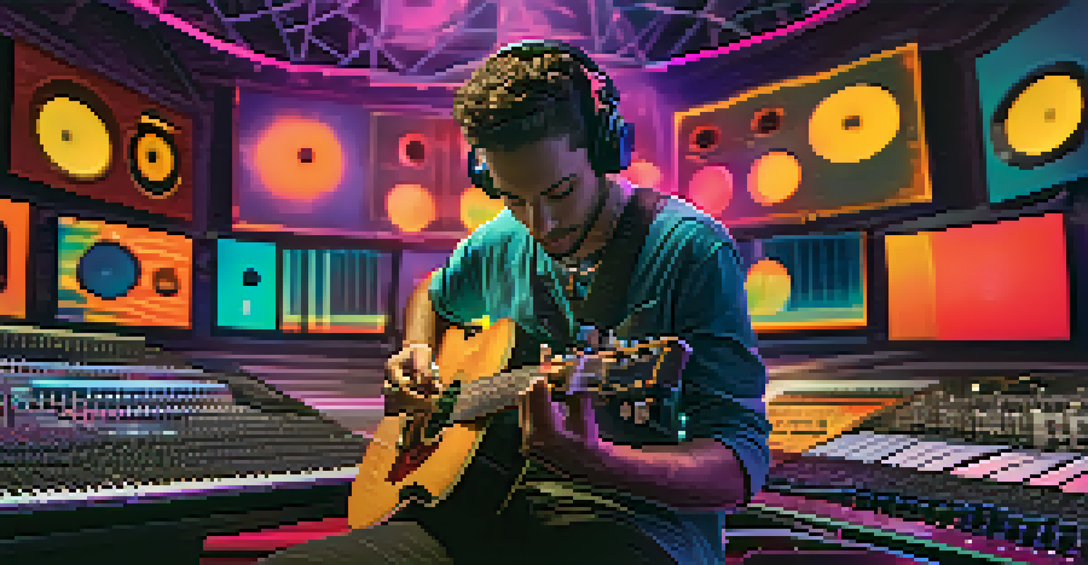 A musician playing guitar in a recording studio, with digital screens showing NFT artwork and colorful sound waves.