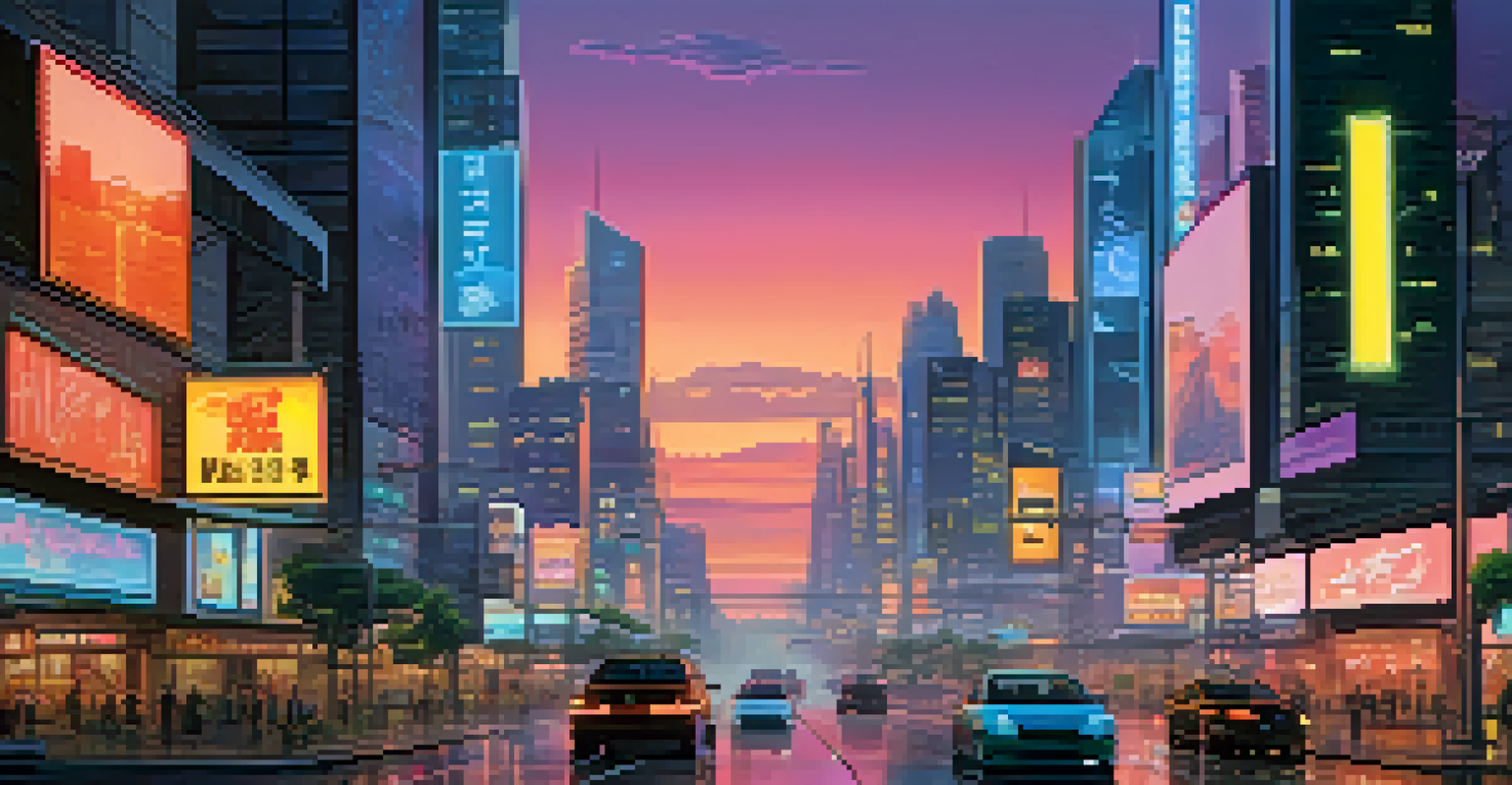 A futuristic city skyline at dusk with neon lights and digital billboards.