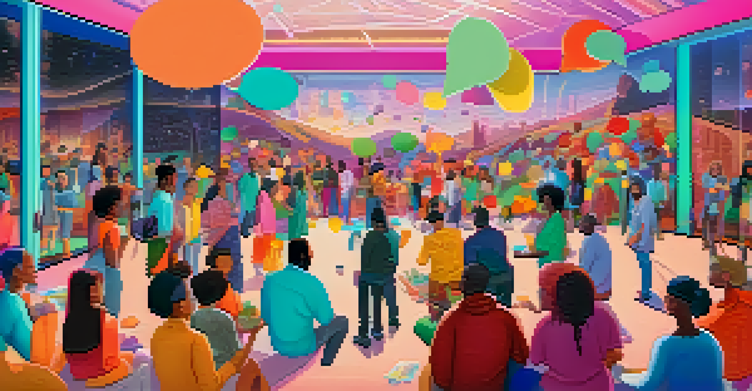 A diverse group of people interacting in a virtual space, discussing NFTs with colorful speech bubbles and a digital landscape in the background.