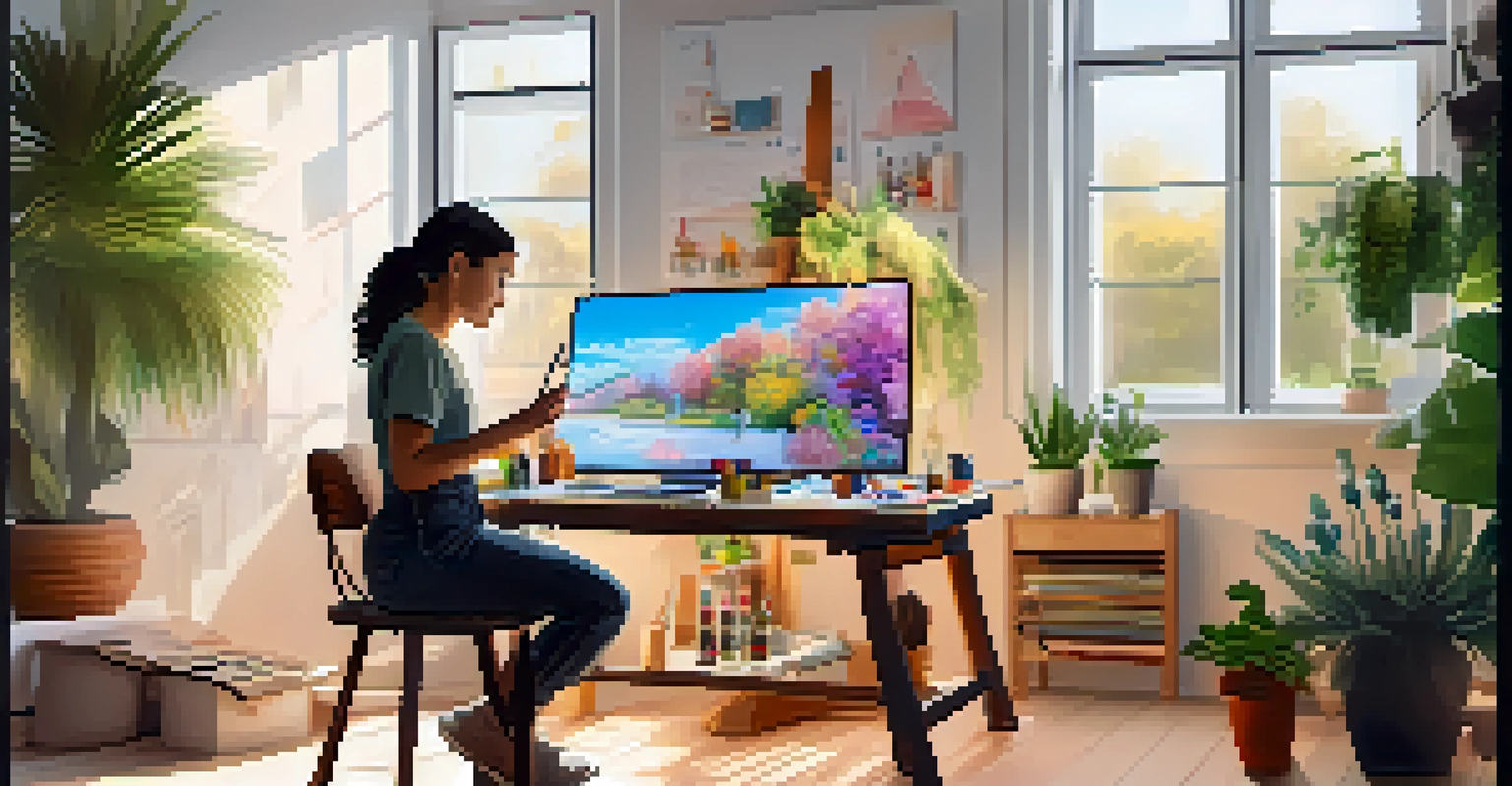 An artist in a bright studio creating digital art, surrounded by supplies and sunlight.
