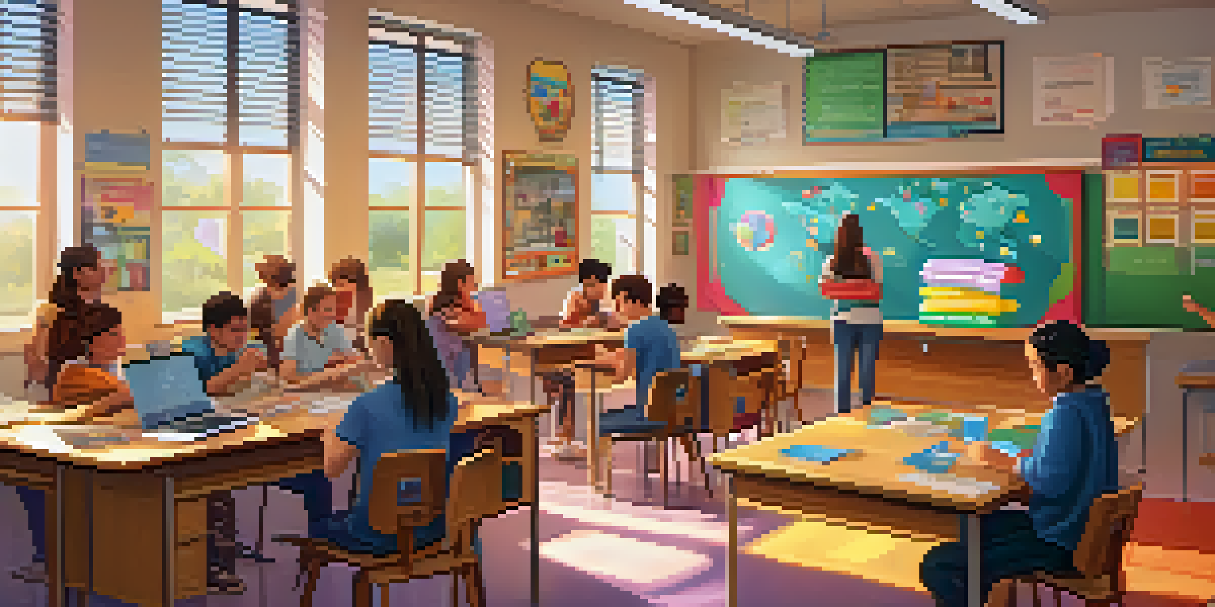 A lively classroom with students participating in gamified learning, discussing progress, and viewing digital badges on a screen, with colorful decorations and natural sunlight.