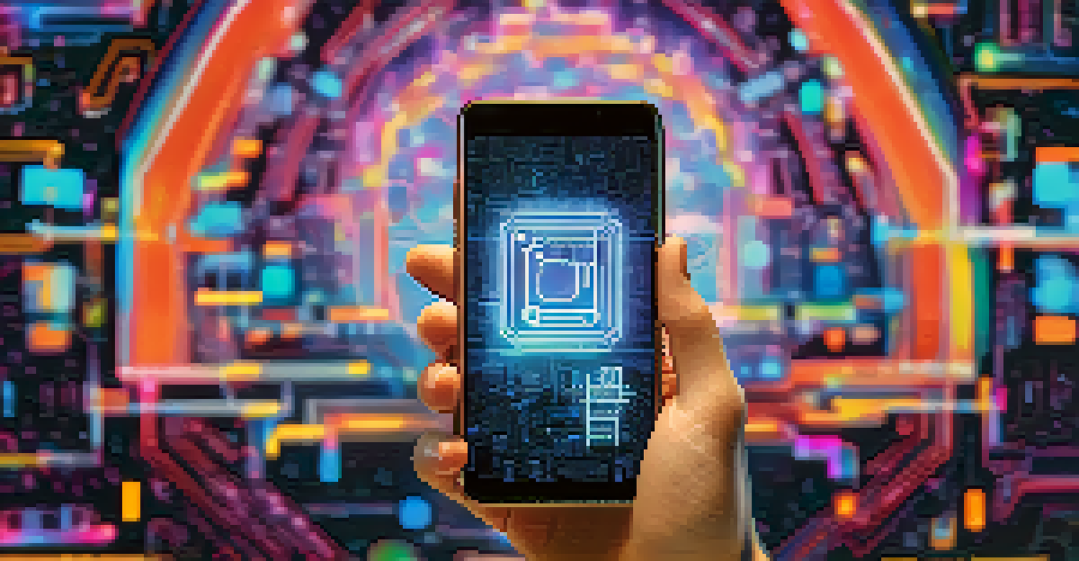 A hand holding a smartphone with a unique NFT artwork displayed, with abstract digital code in the background.
