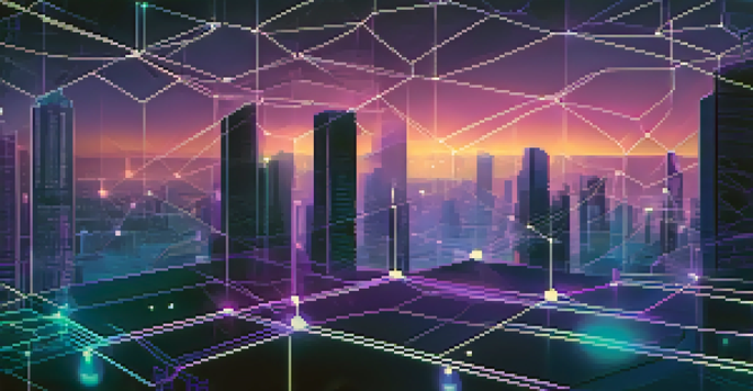 An illustration of a blockchain network with interconnected glowing blocks against a gradient background.