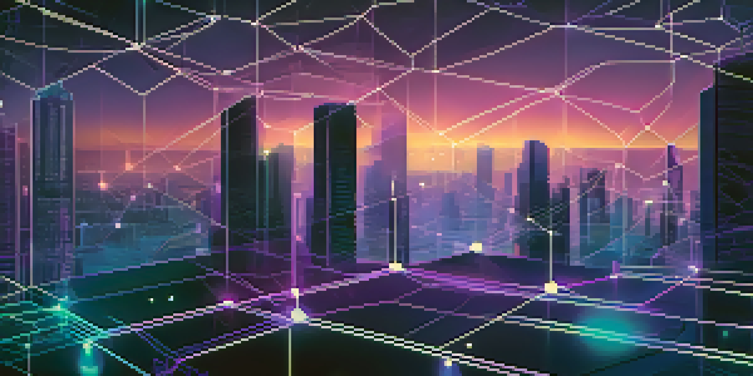 An illustration of a blockchain network with interconnected glowing blocks against a gradient background.