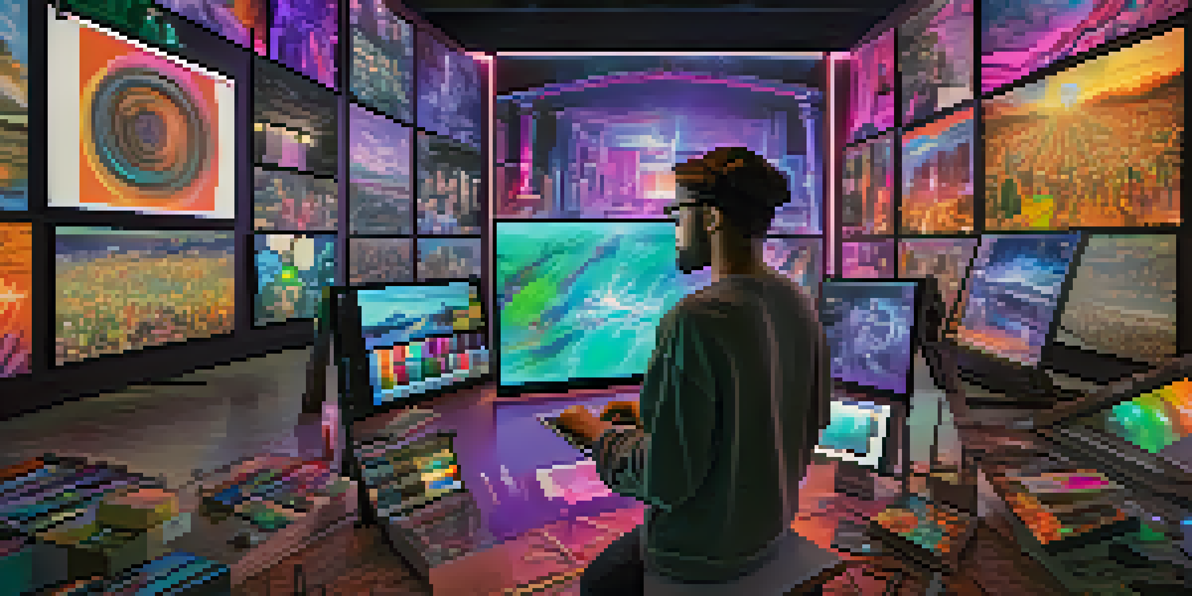 A digital artist working on NFT artwork in a colorful studio, surrounded by screens showing historical events.