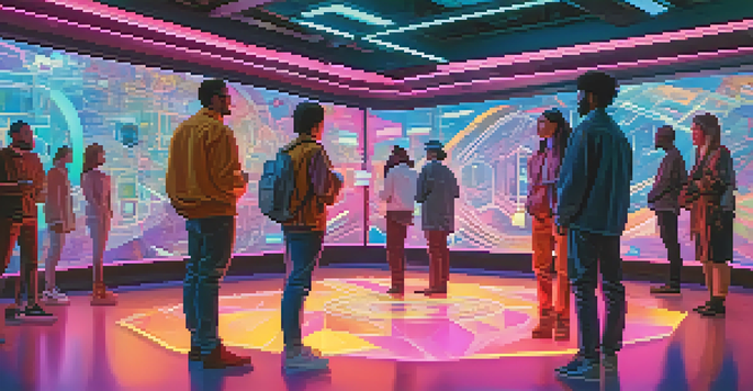A vibrant digital landscape with individuals using holographic interfaces to interact with their digital identities, surrounded by abstract NFT and blockchain representations.