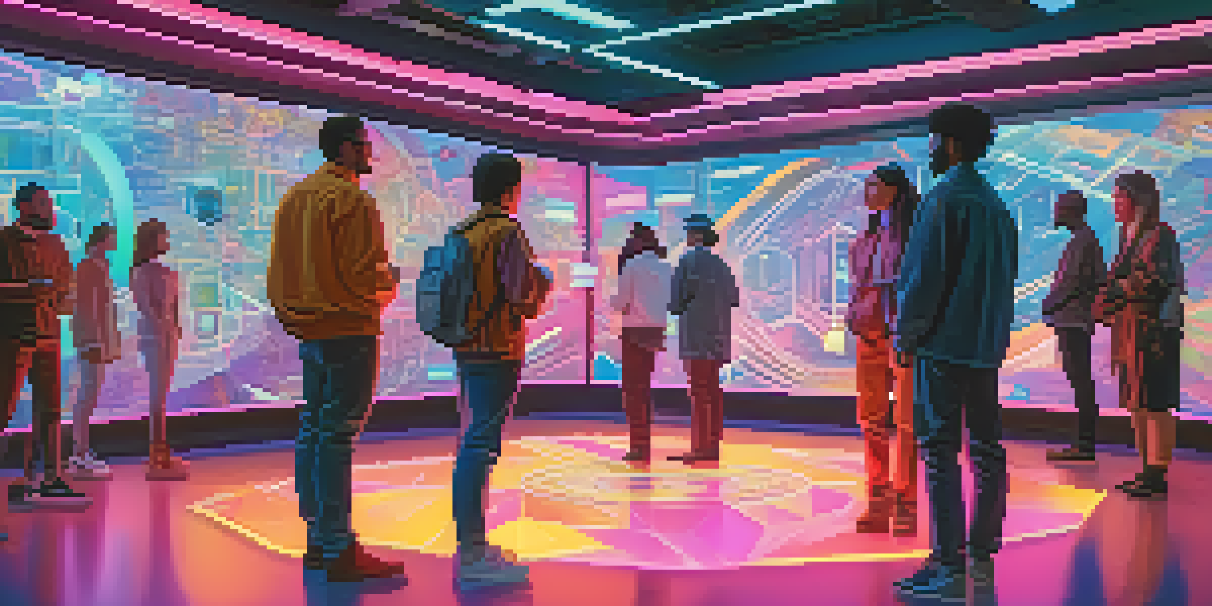A vibrant digital landscape with individuals using holographic interfaces to interact with their digital identities, surrounded by abstract NFT and blockchain representations.