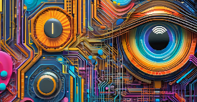 A vibrant digital artwork with intricate patterns and abstract shapes that represent NFTs, with glowing lines symbolizing blockchain technology.