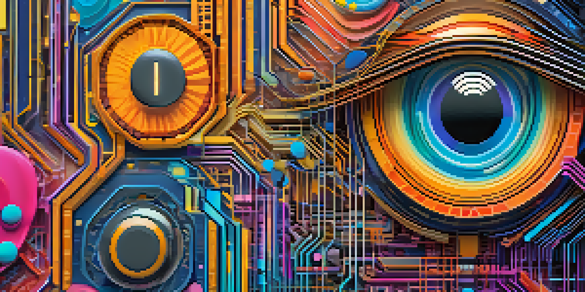 A vibrant digital artwork with intricate patterns and abstract shapes that represent NFTs, with glowing lines symbolizing blockchain technology.