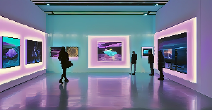 A modern digital art gallery with vibrant NFTs displayed on virtual screens, illuminated by soft blue and purple lighting.