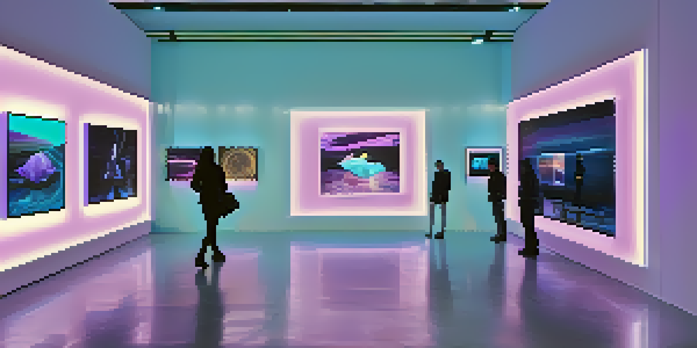 A modern digital art gallery with vibrant NFTs displayed on virtual screens, illuminated by soft blue and purple lighting.