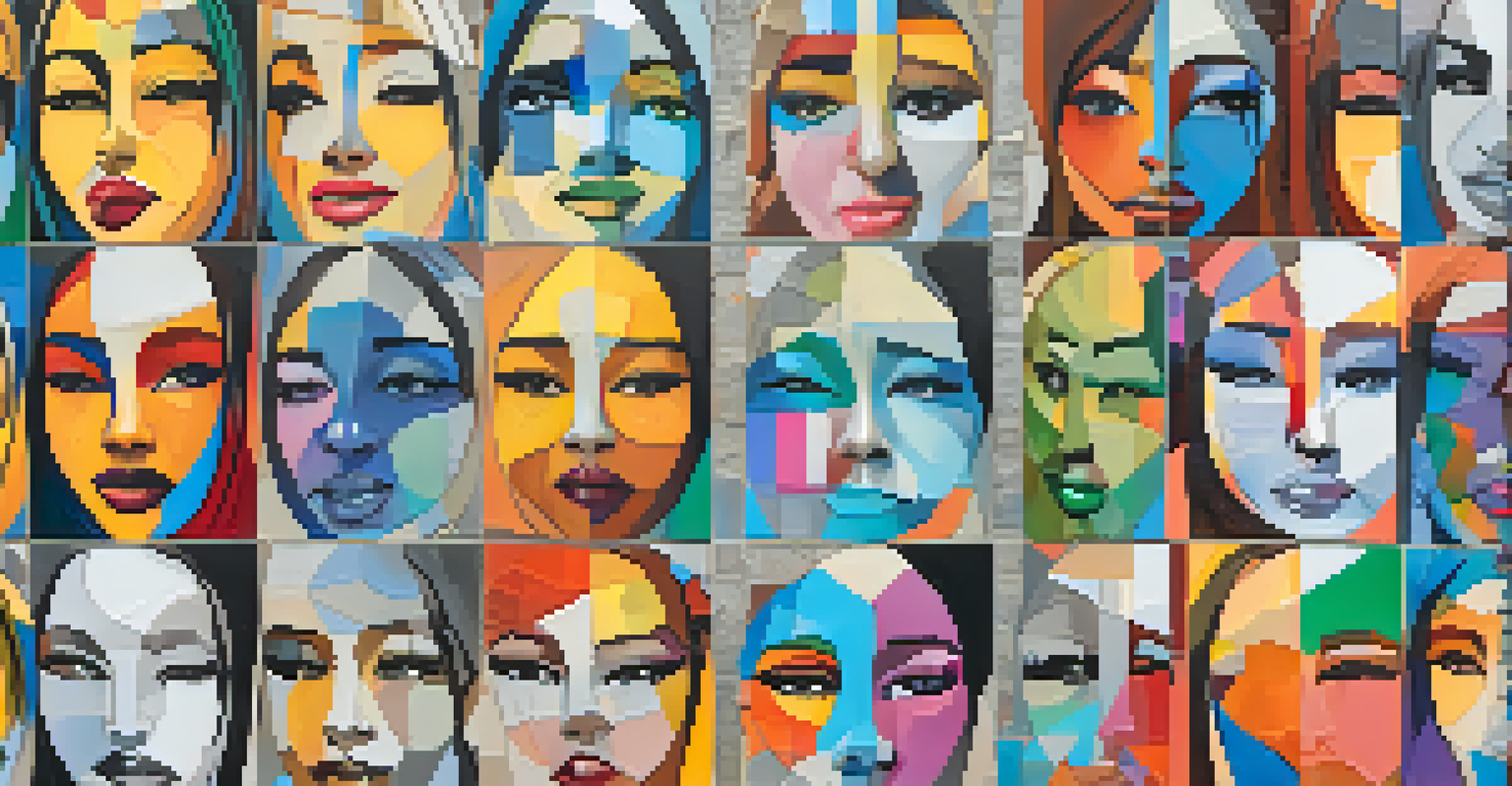 A mosaic collage of digital art pieces representing emotions related to mental health, featuring various colors and textures.
