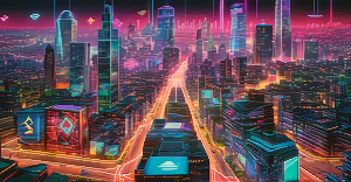 A colorful collage of digital art pieces representing NFTs, set against a futuristic city skyline with neon lights.