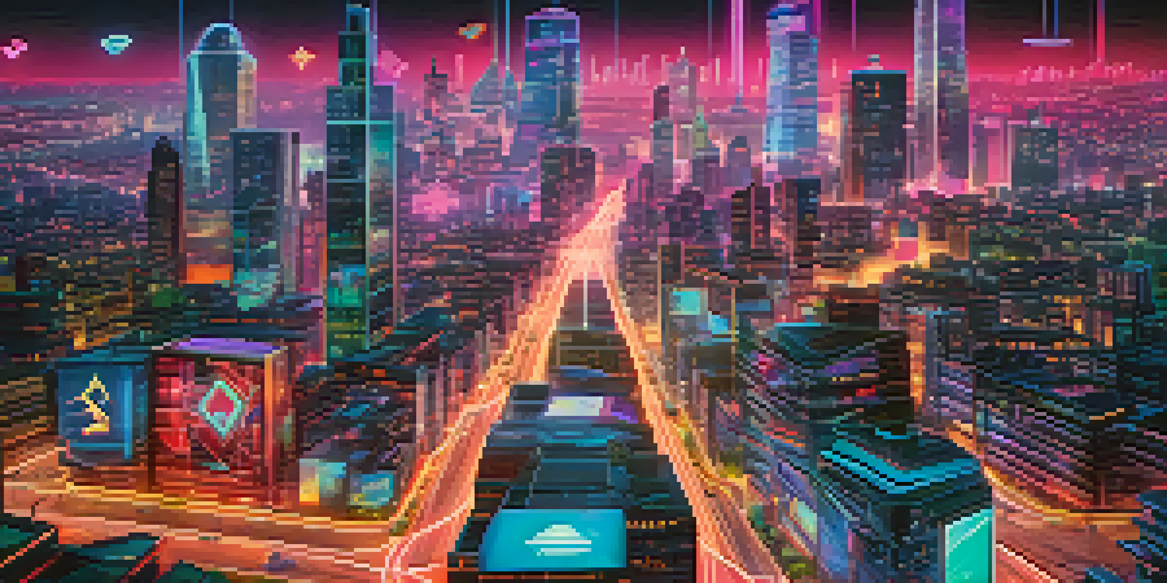 A colorful collage of digital art pieces representing NFTs, set against a futuristic city skyline with neon lights.