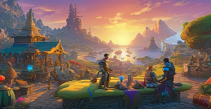 A colorful gaming landscape with characters and creatures, illuminated by a sunset, depicting players trading digital assets.