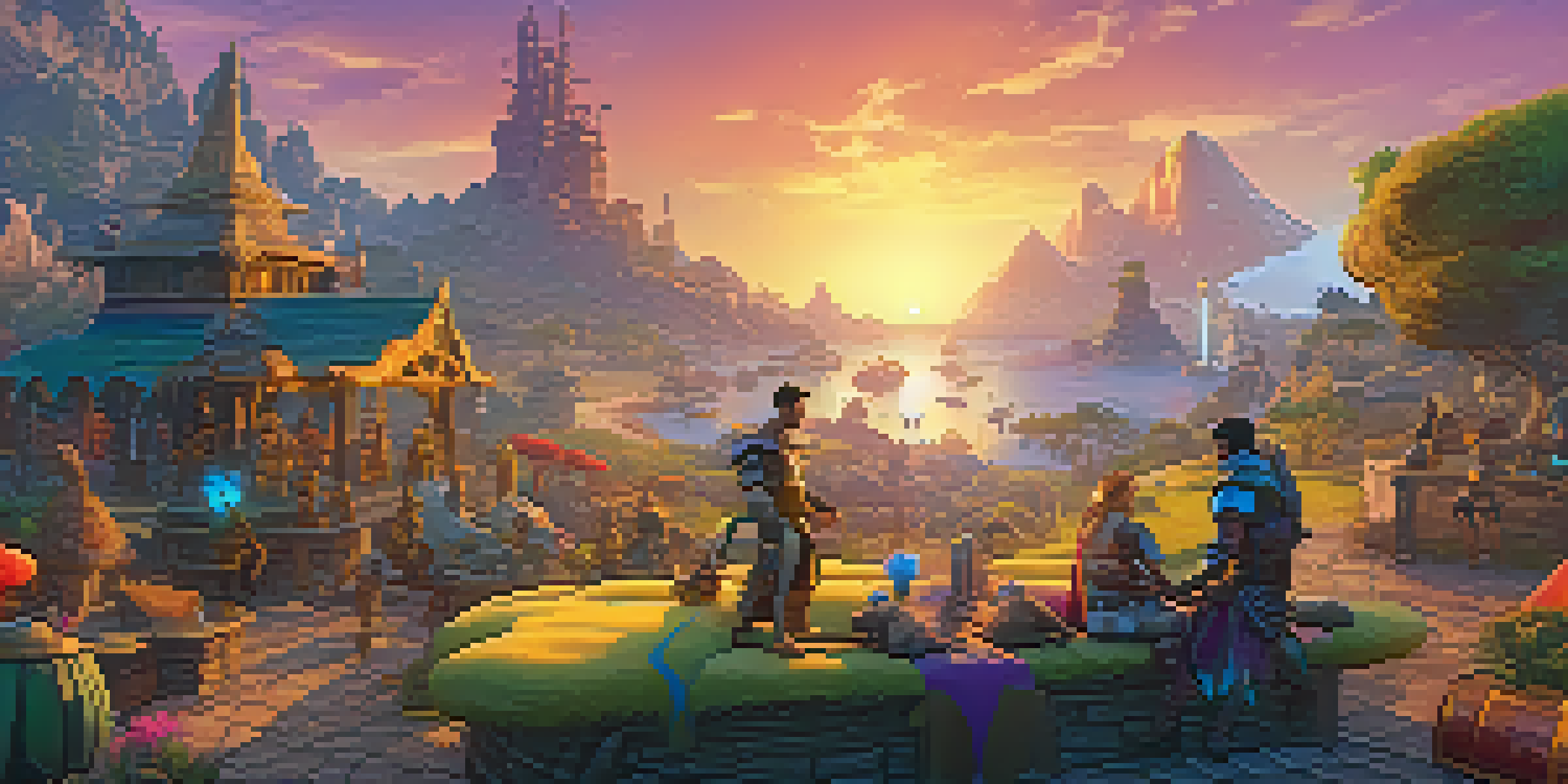 A colorful gaming landscape with characters and creatures, illuminated by a sunset, depicting players trading digital assets.