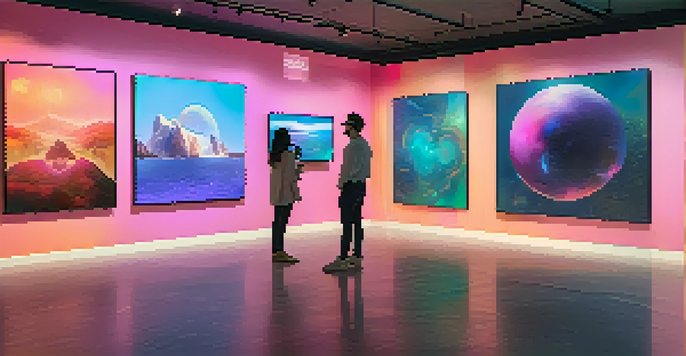 A digital art gallery filled with colorful NFT artworks, illuminated by soft ambient lighting, with people interacting and enjoying the art.