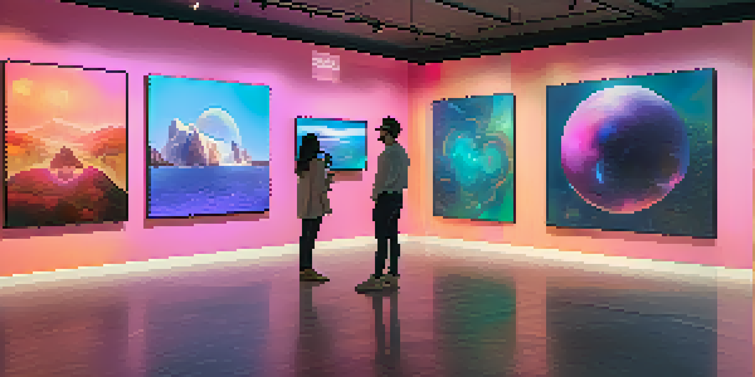 A digital art gallery filled with colorful NFT artworks, illuminated by soft ambient lighting, with people interacting and enjoying the art.