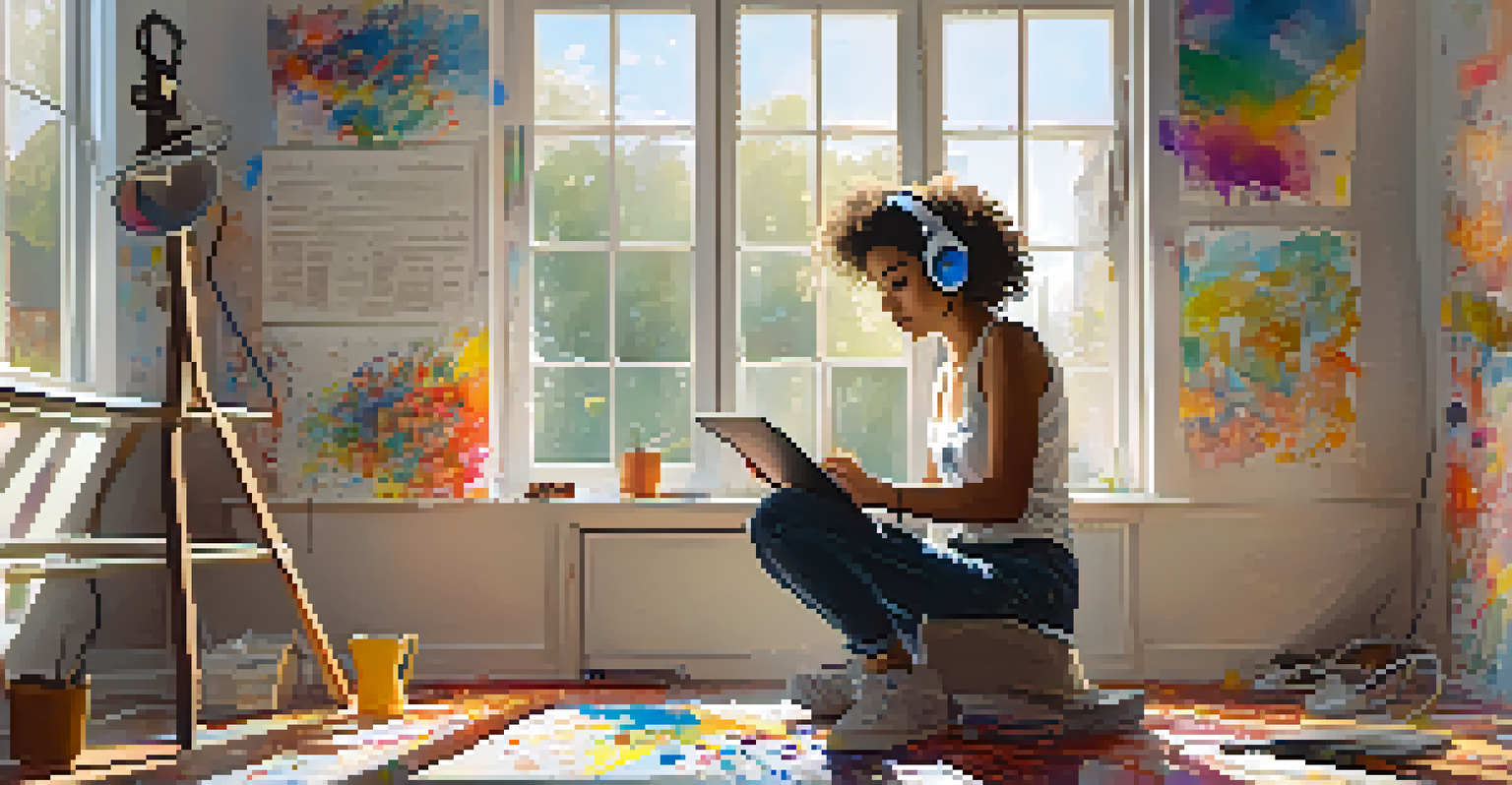 A young woman artist in a sunny studio, working on a digital artwork on a tablet, surrounded by creative tools.