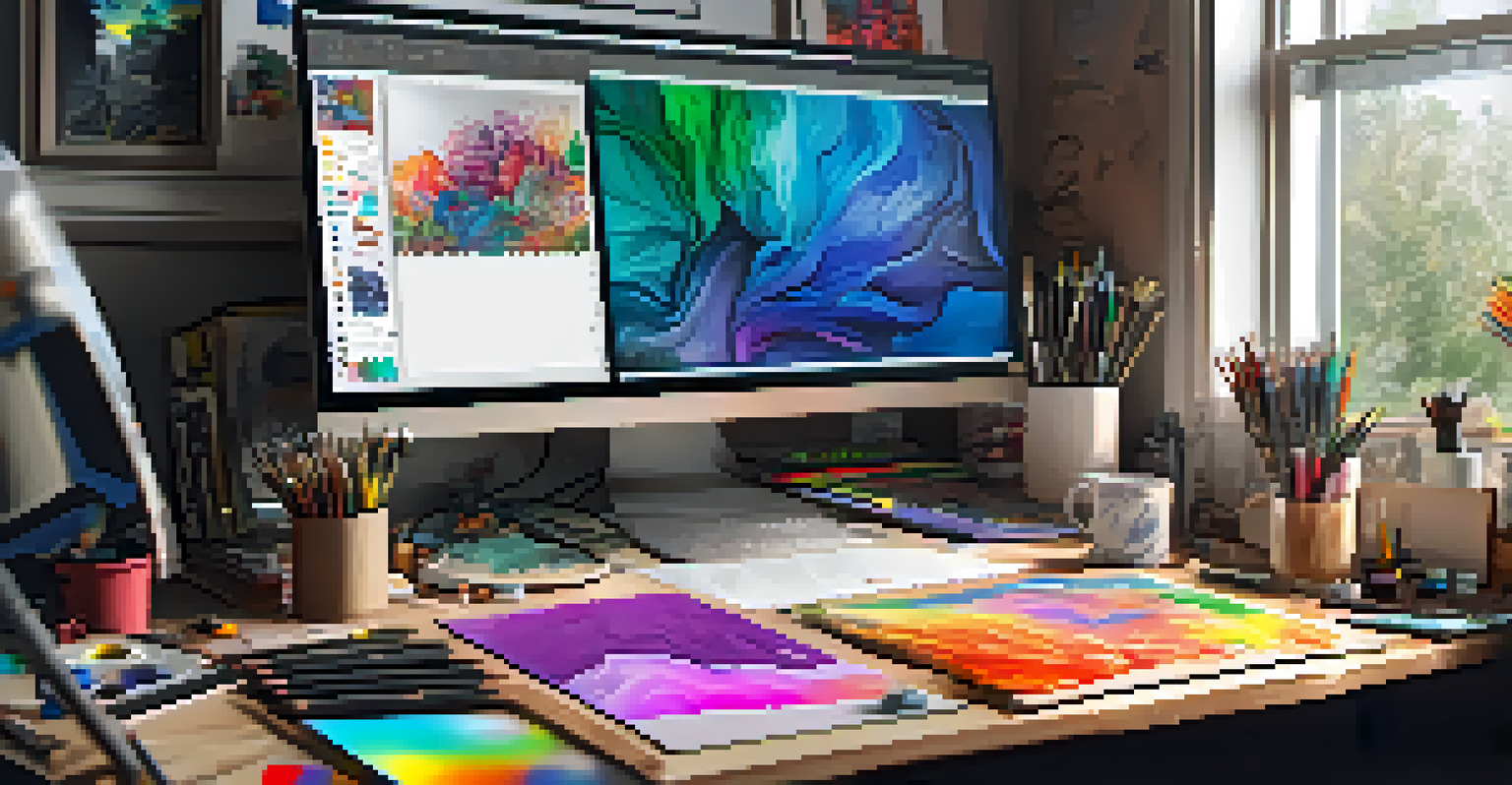 An artist's workspace with art supplies, a computer displaying NFT creation software, and sketches scattered across a desk, illuminated by natural light.