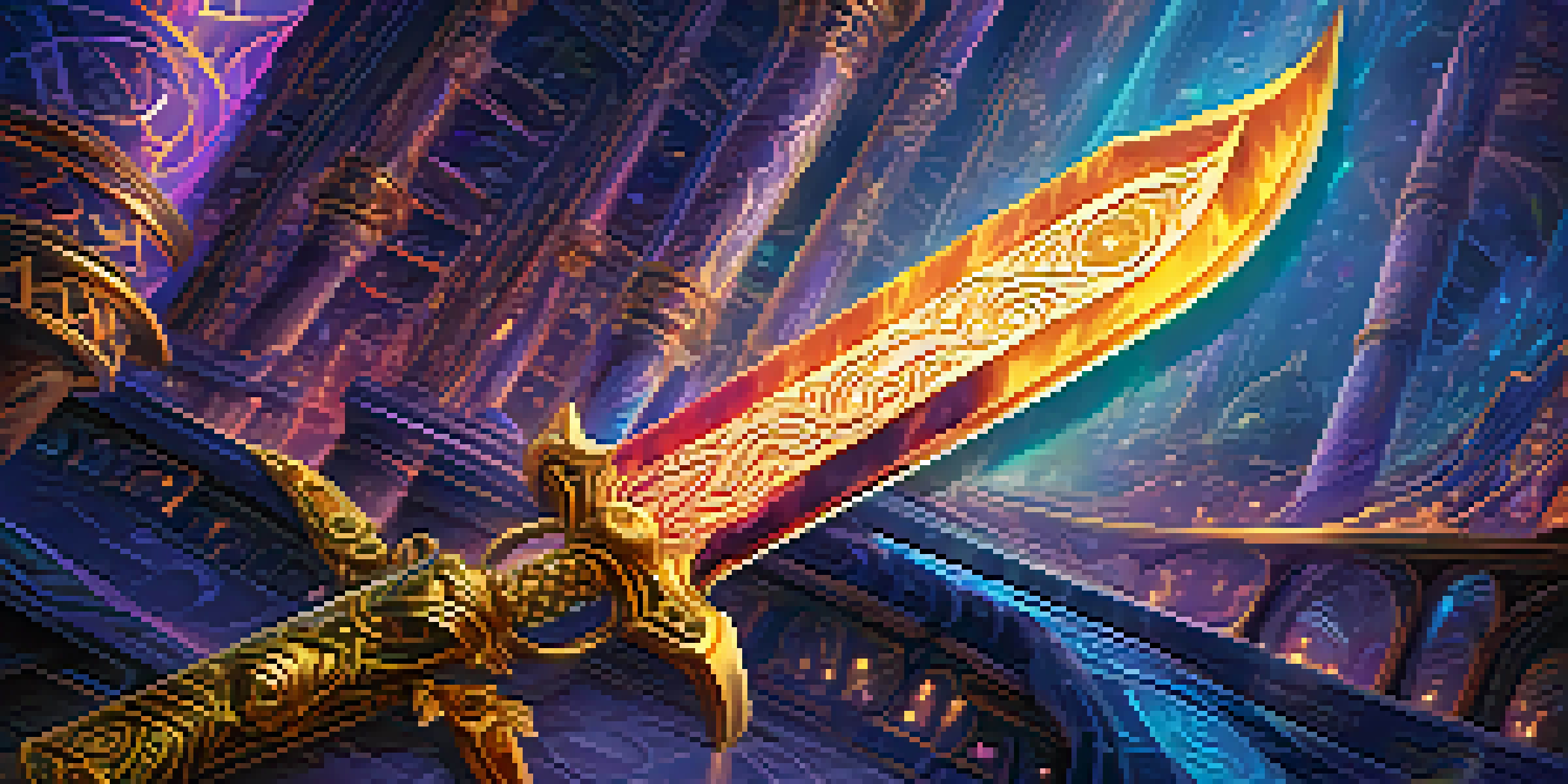 A glowing rare sword in a fantastical gaming landscape, representing a unique NFT.