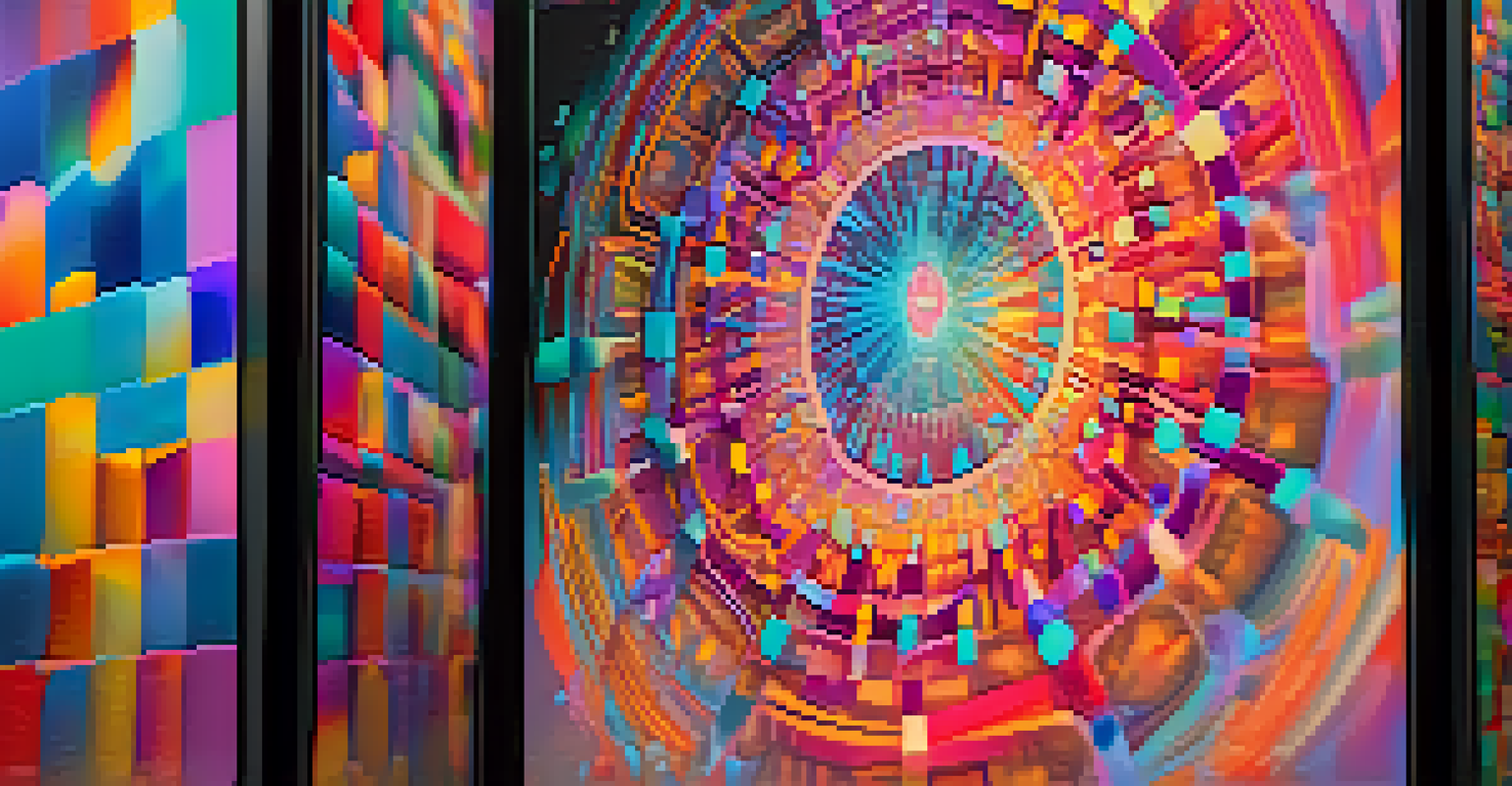 A close-up of a unique NFT displayed on a digital screen, featuring abstract art with vivid colors and intricate patterns.