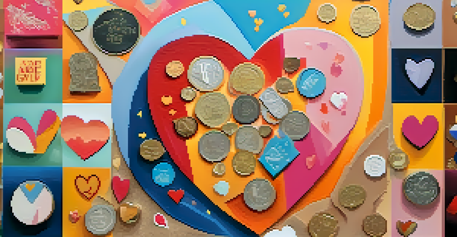 A collage of NFT artworks and donation symbols, illustrating the relationship between art and charitable giving in a warm color palette.