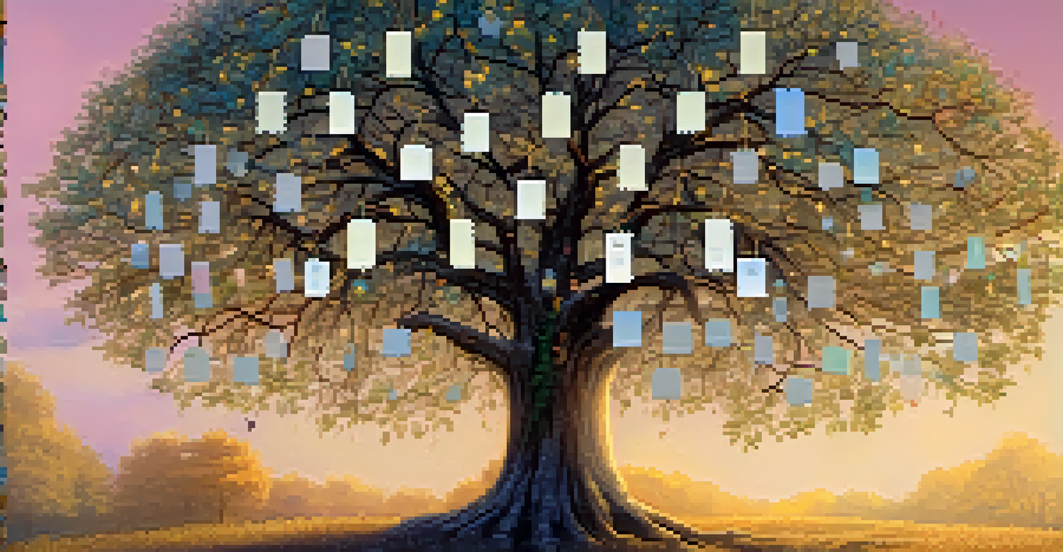 An artistic family tree with branches decorated with colorful NFTs representing digital heirlooms, set against a soft pastel background with golden light.
