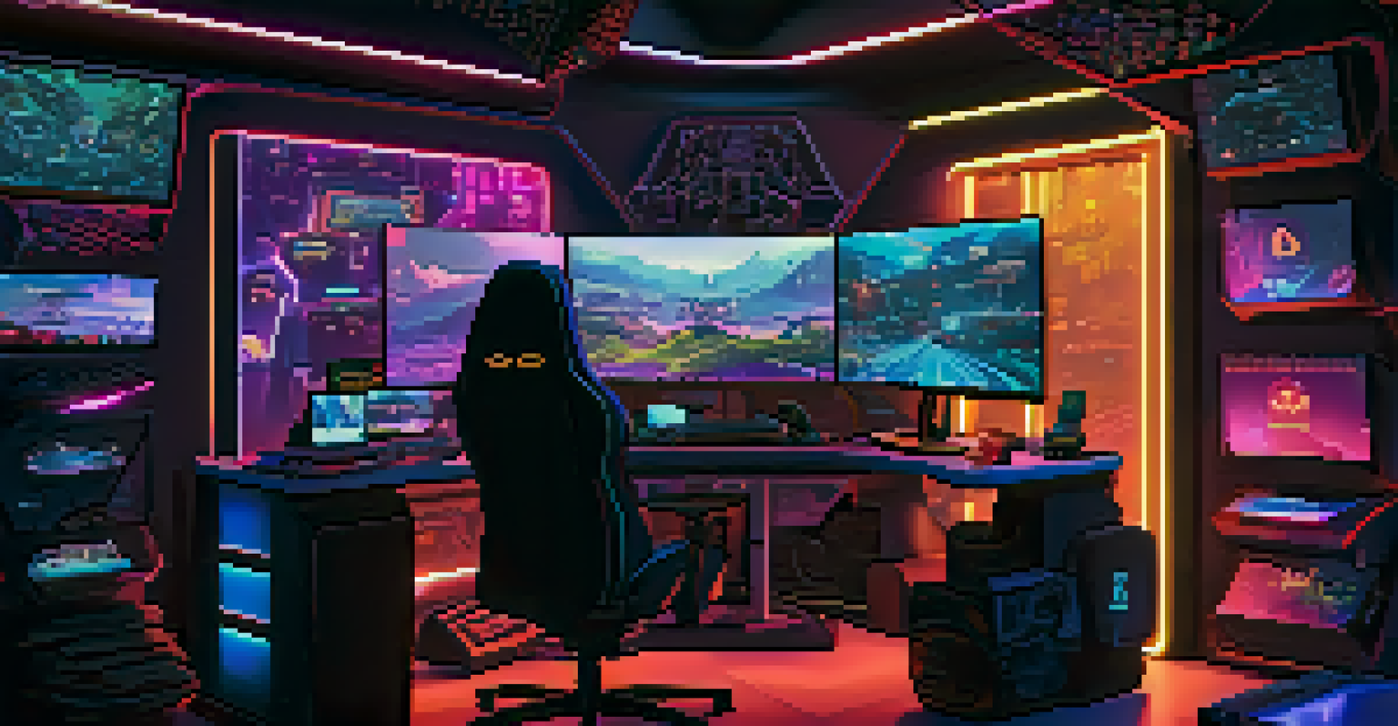 A focused gamer at a futuristic computer setup, buying NFTs in a dimly lit room with neon lights and gaming paraphernalia.