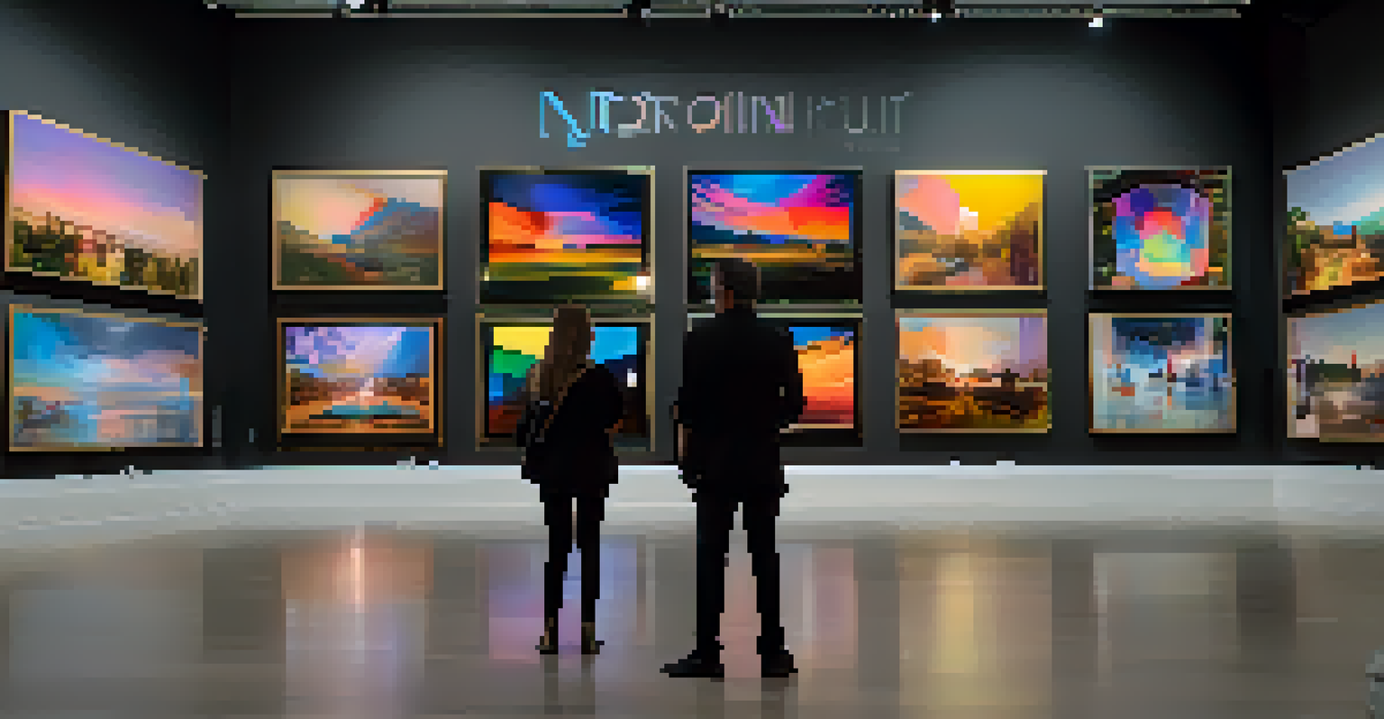 A virtual gallery showcasing an exclusive NFT drop event, with artists and collectors excitedly discussing limited edition artworks.
