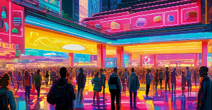 An abstract digital artwork showcasing a lively NFT marketplace with colorful floating NFTs and pixelated avatars against a neon-lit skyline.
