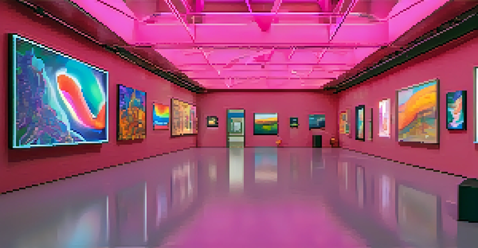 A modern digital art gallery filled with colorful NFT artworks and visitors exploring the space.