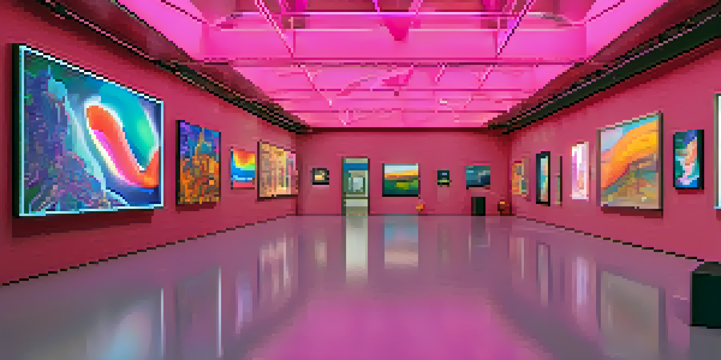 A modern digital art gallery filled with colorful NFT artworks and visitors exploring the space.
