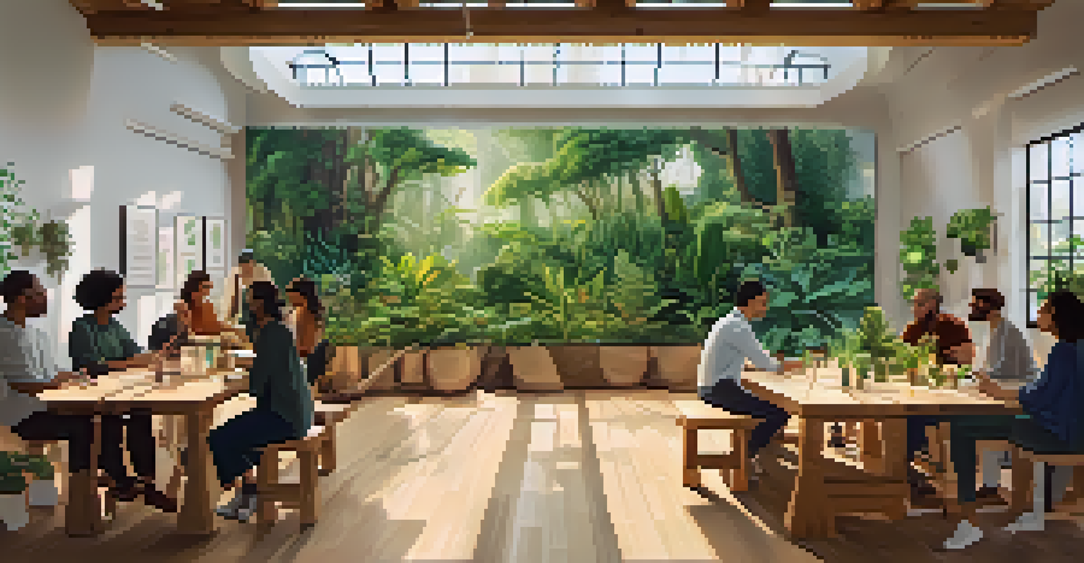 A workshop on sustainable NFT practices with diverse individuals discussing in a nature-inspired setting.