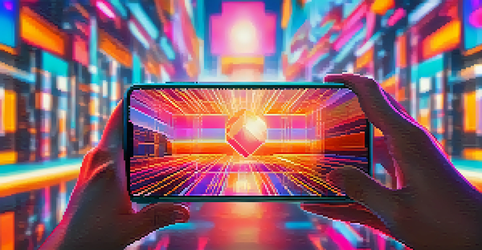 A close-up of a hand holding a smartphone showing a colorful NFT artwork against a blurred digital background.