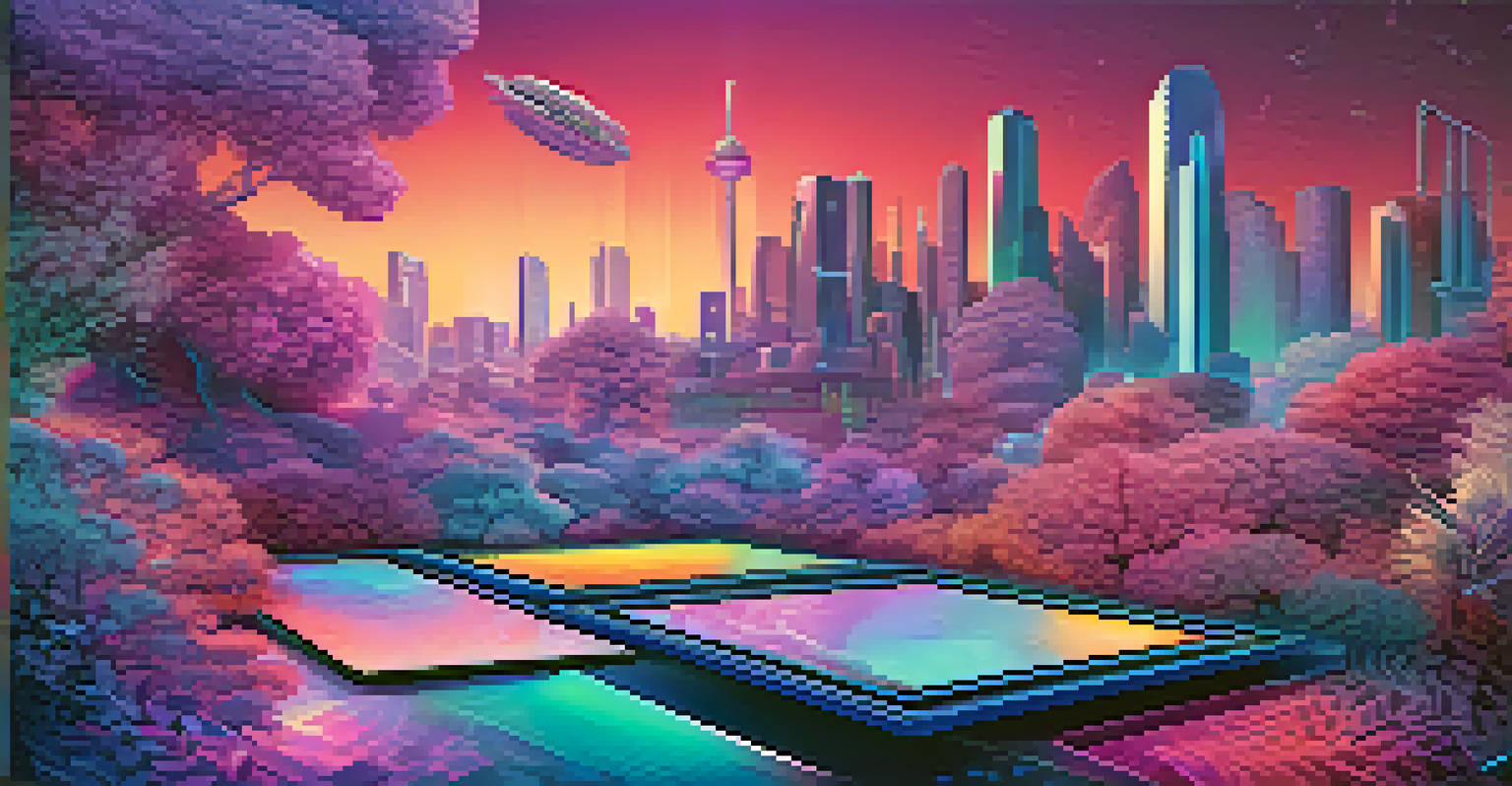 An artistic view of vibrant NFTs displayed as unique digital collectibles on a sleek canvas against a soft blue and purple gradient background.